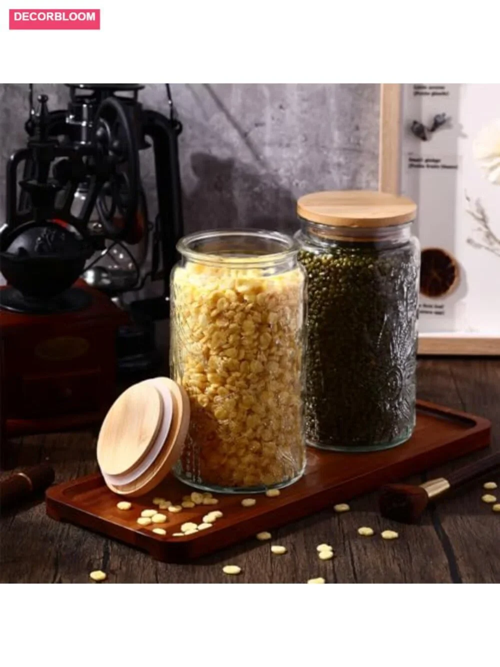 6 Vintage Glass Jars with Bamboo Lids - Airtight Food Storage - 34 oz